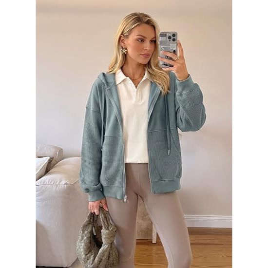 Women Waffle Knit Zip Up Hoodie