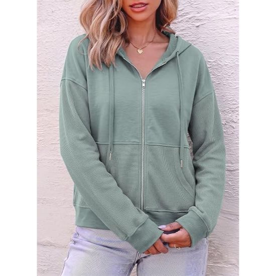 Women Waffle Knit Zip Up Hoodie