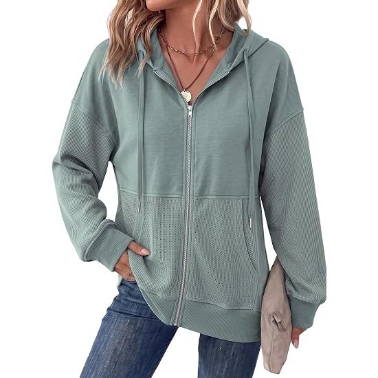 Women Waffle Knit Zip Up Hoodie